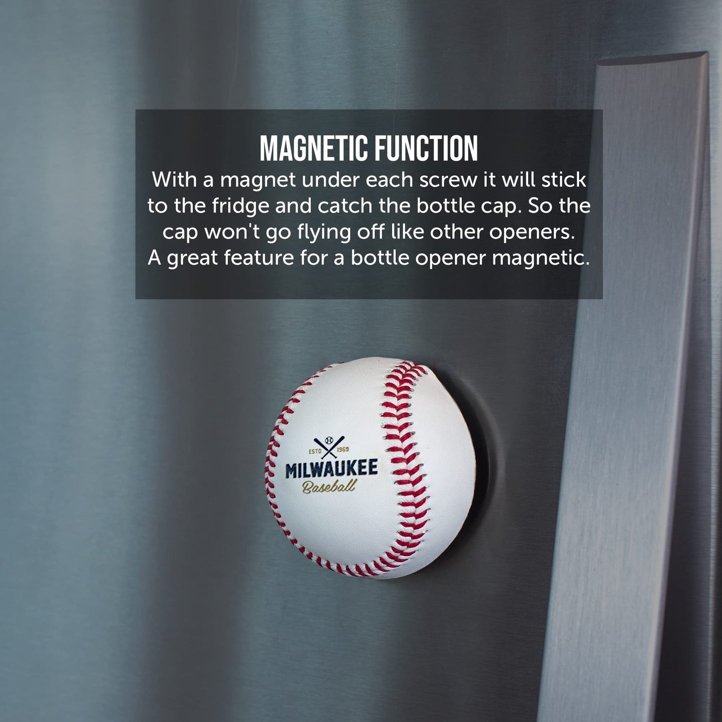 Milwaukee Beer Bottle Opener - Real Baseball Leather, Magnetic & Cap Catcher - Cool Gadget Gift for Men