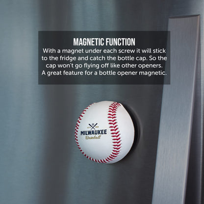 Milwaukee Beer Bottle Opener - Real Baseball Leather, Magnetic & Cap Catcher - Cool Gadget Gift for Men