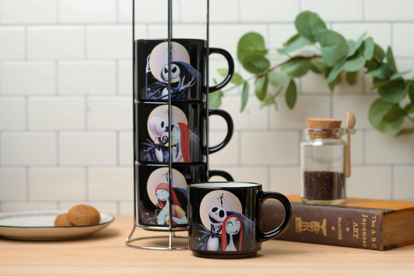 Silver Buffalo Nightmare Before Christmas Jack Sally Scene 4-Pack Ceramic Mug Stack, 10-Ounces, Nightmare Before Christmas 4-Pack Mug Stack, 5 Piece Set