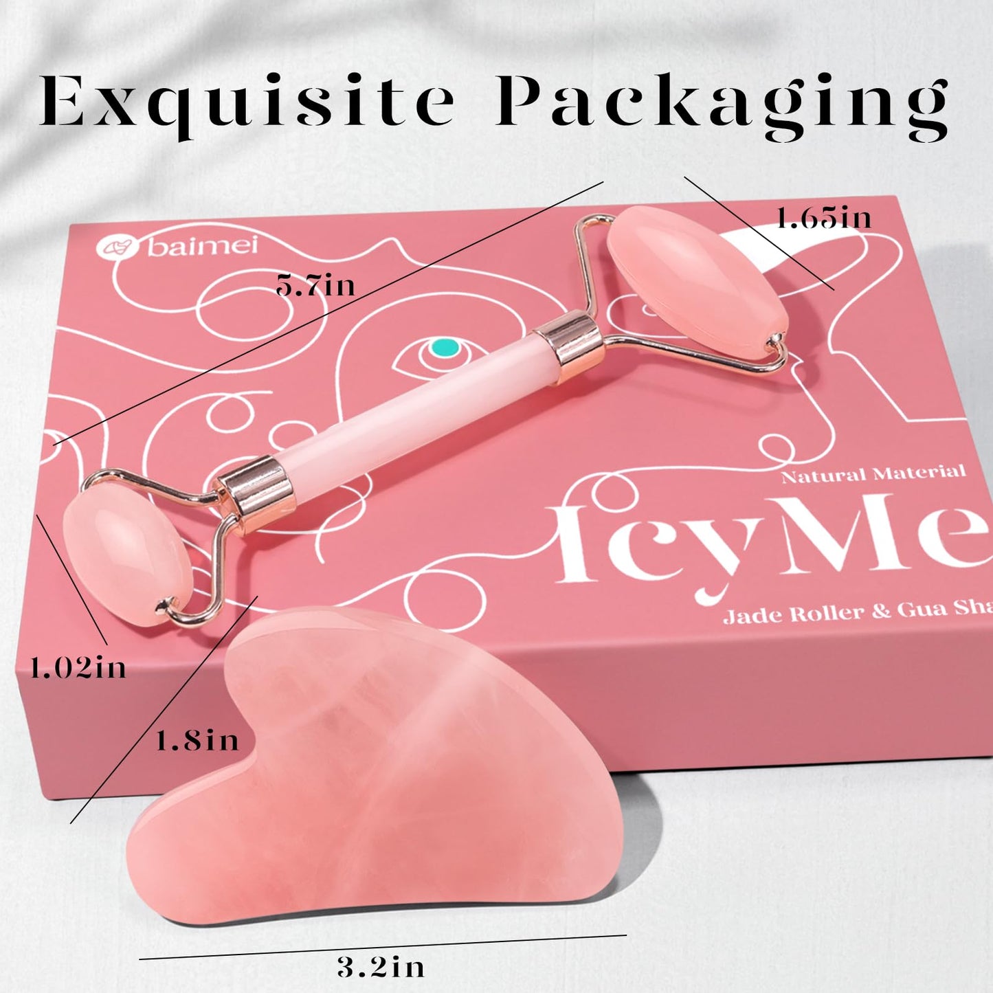 BAIMEI IcyMe Rose Quartz Roller & Gua Sha Set, Cooling Face Roller for Depuffing & Lymphatic Massage, Sculpting Tool for Face, Eyes & Neck, Smooth Skincare Gift for Women and Men