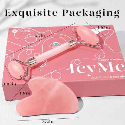 BAIMEI IcyMe Rose Quartz Roller & Gua Sha Set, Cooling Face Roller for Depuffing & Lymphatic Massage, Sculpting Tool for Face, Eyes & Neck, Smooth Skincare Gift for Women and Men