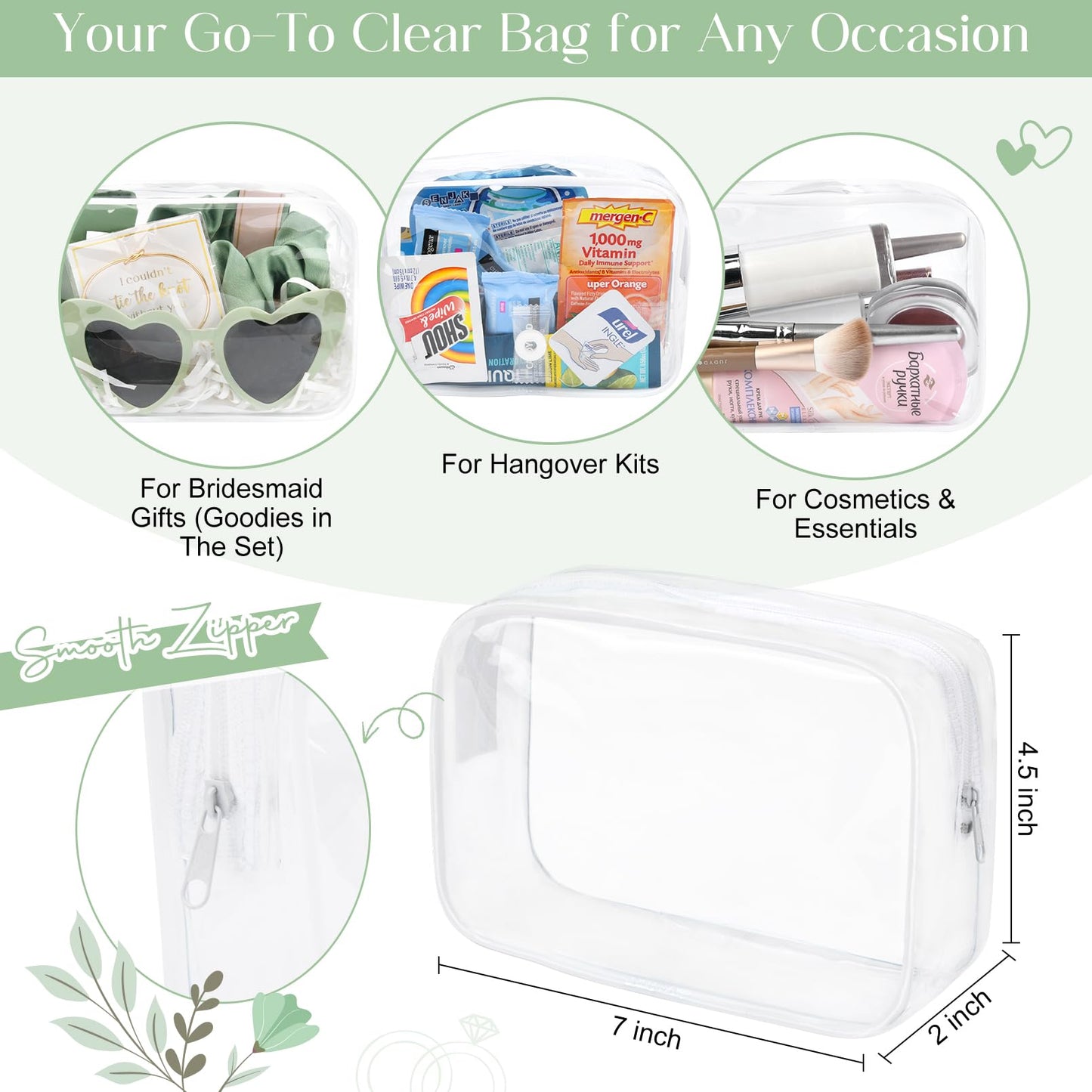 DEEKA 5 Pcs Bridesmaid Proposal Bag Set Gift Clear Makeup Toiletry Bag Bachelorette Party Favors Sunglasses Hair Claw Clips Scrunchies Knot Bracelets Bridal Wedding Party Gifts (Sage Green)
