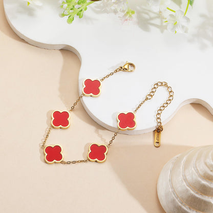 AIPPK 18K Gold Plated Clover Lucky Bracelet for Women White/Black/Red/Green Flower Four Leaf Link Bracelets Trendy Jewelry Gifts for Women
