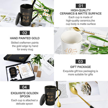 YHRJWN 40th Wedding Gifts, 40 Years of Being Mr & Mrs Always Right Mug Set 14Oz with Lids Spoons and Gift Box, Christmas Anniversary Presents for Parents Couple