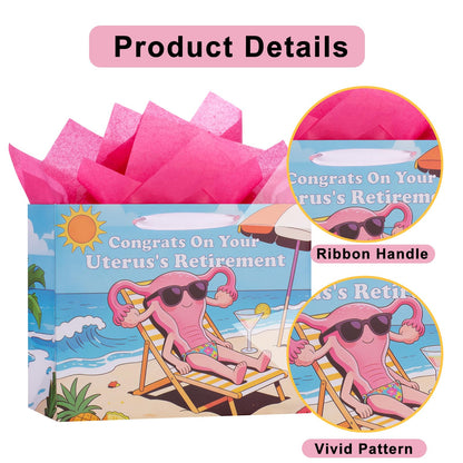 bigniuzi Hysterectomy Recovery Gift Bag Congrats On Your Uterus's Retirement Bag with Tissue Paper Greeting Card Hysterectomy Recovery Gift Wrapping Paper for Women Mom Friends Sister