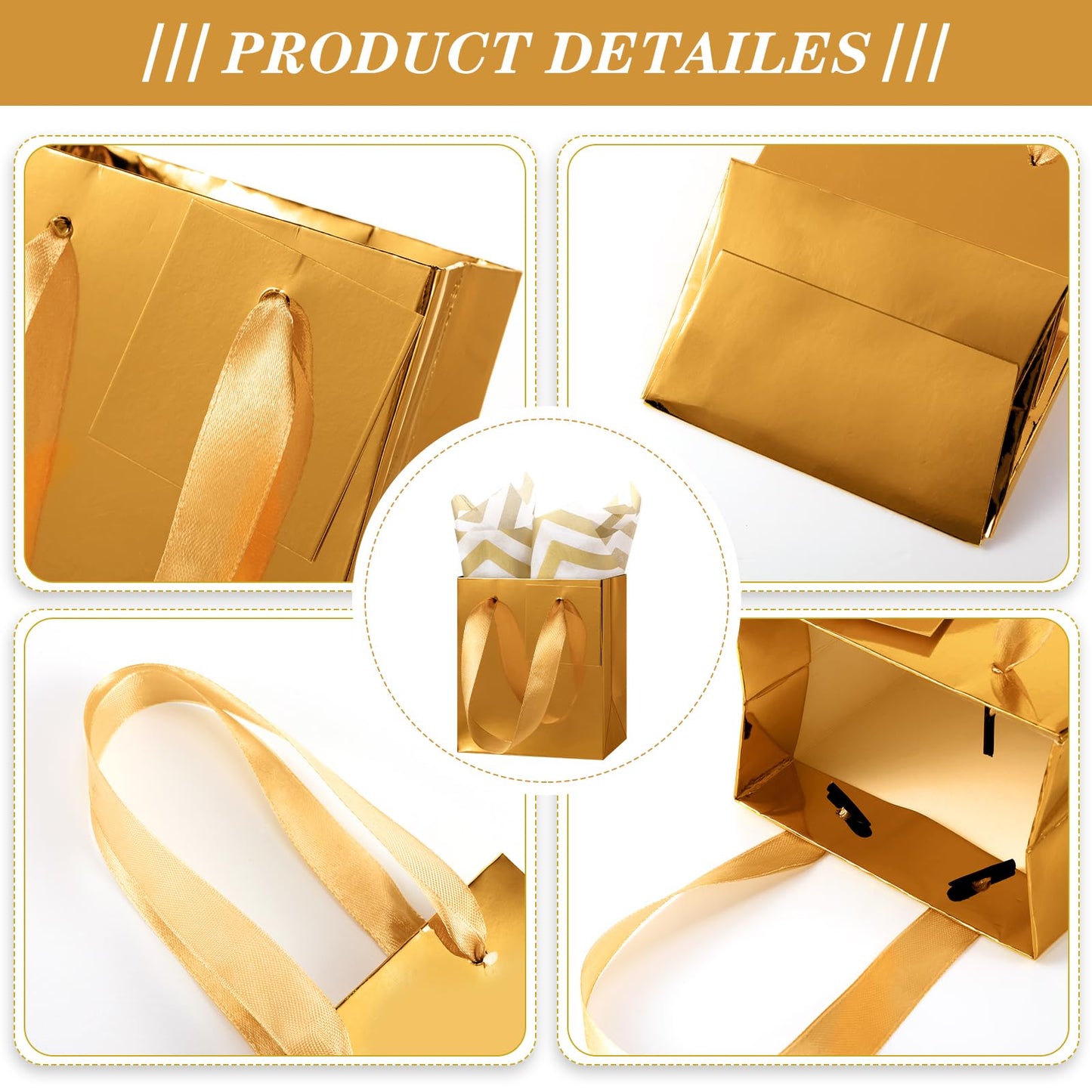 Tenare 12 Pcs Small Gift Bags Mini Paper Bags Bulk Tiny with Handle Tissue for Jewelry Gift Wrapping Father's Day Birthday Grad Graduation Party Supply(4 * 2.75 * 4.5inch,Gold)