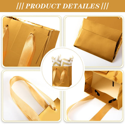 Tenare 12 Pcs Small Gift Bags Mini Paper Bags Bulk Tiny with Handle Tissue for Jewelry Gift Wrapping Father's Day Birthday Grad Graduation Party Supply(4 * 2.75 * 4.5inch,Gold)