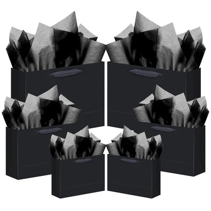 qiqee 10PCS Black Gift Bags with Ribbon Handles Mulit Assorted Sizes Gift Wide Bags (2pcs Large 13", 4pcs Medium 9.6", 4pcs Small 6.3",Tissue Paper)