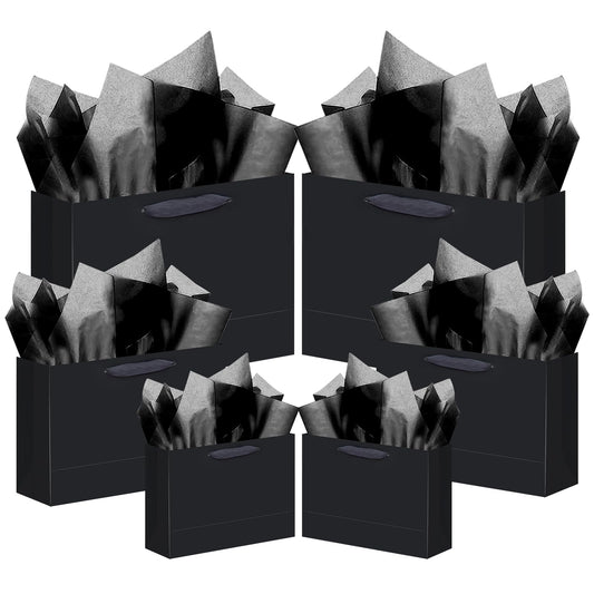 qiqee 10PCS Black Gift Bags with Ribbon Handles Mulit Assorted Sizes Gift Wide Bags (2pcs Large 13", 4pcs Medium 9.6", 4pcs Small 6.3",Tissue Paper)