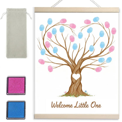 Fingerprint Tree Canvas Guestbook for Gender Reveal, 12x15 in Party Sign-in Keepsake Wall Art, Pink & Blue Ink Pads Included, Plush Storage Bag, Baby Shower Guest Book Alternative