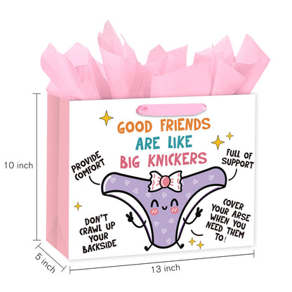 Loveinside 13" Large Funny Friendship Gift Bag, Good Friends Are Like Big Knickers Cute Cartoon Gift Bag with Tissue Paper for Best Friends, Women, Birthday, Galentine's Day, 13" x 5" x 10", 1 Pcs