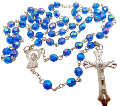 Westmon Works First Communion Rosary Set Blue Glass Beads in a Protective Case with Matching Holy Prayer Card