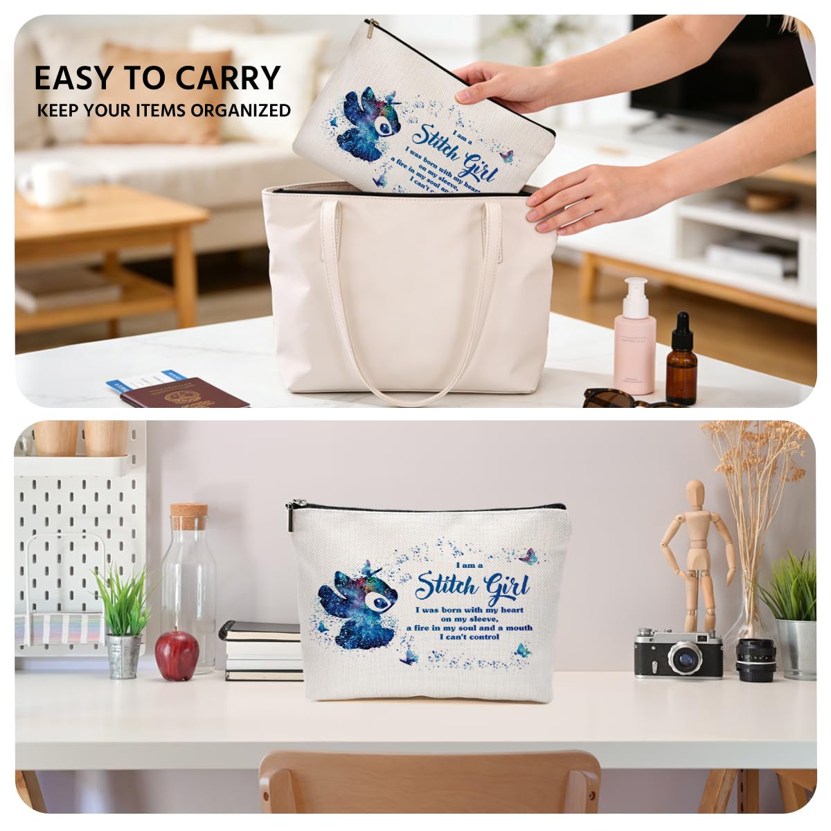 JIUWEIHU Stitch Girl Makeup Bag for Fans Cartoon Love Gift Hawaiian Bags Party Merch Inspired Fans Gifts Travel Makeup Bag Zipper Pouch Cosmetic Bags Toiletry
