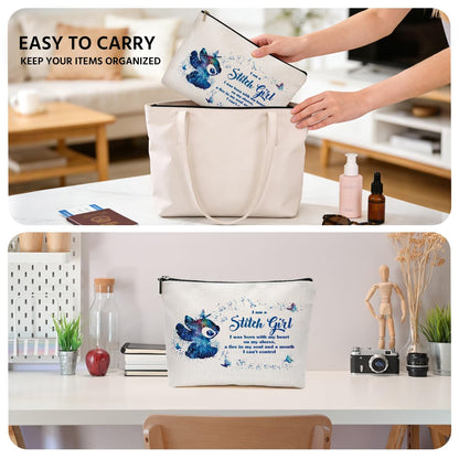 JIUWEIHU Stitch Girl Makeup Bag for Fans Cartoon Love Gift Hawaiian Bags Party Merch Inspired Fans Gifts Travel Makeup Bag Zipper Pouch Cosmetic Bags Toiletry