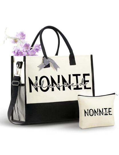 InnoBeta Nonnie Gifts for Grandma, Canvas Tote Bag on Christmas or Birthday & Mother's Day, Tote with Top Zipper Closure and Shoulder Strap - Blessed Nonnie