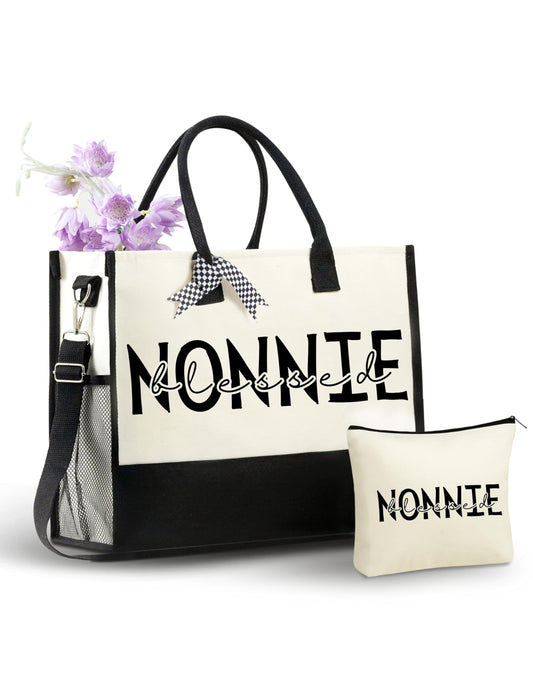 InnoBeta Nonnie Gifts for Grandma, Canvas Tote Bag on Christmas or Birthday & Mother's Day, Tote with Top Zipper Closure and Shoulder Strap - Blessed Nonnie