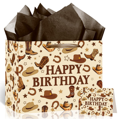 TagreSpike Western Cowboy Birthday Gift Bag for Boys Men Rustic Rodeo Gift Wrapping Bag with Dark Brown Tissue Paper & Card - Country Farm Theme Party Supplies Presents for Kids Son My First Rodeo