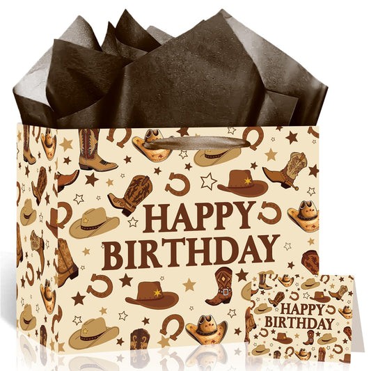 TagreSpike Western Cowboy Birthday Gift Bag for Boys Men Rustic Rodeo Gift Wrapping Bag with Dark Brown Tissue Paper & Card - Country Farm Theme Party Supplies Presents for Kids Son My First Rodeo