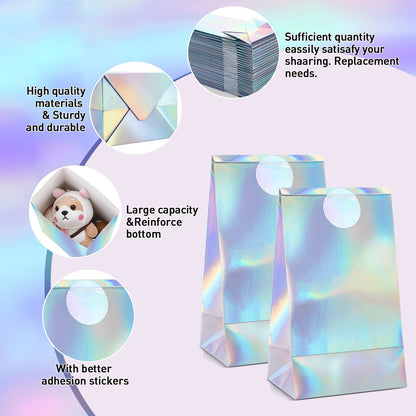 Estune 30 Pcs Iridescent Party Favor Bags with Stickers Holographic Paper Gift Bags 8. 3 x 5 x 3 Inch Reusable Glitter Foil Goodie Candy Handbag for Baby Shower Wedding Birthday Party Supplies