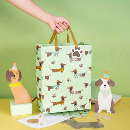 Loveinside Dachshund Gift Bag for Boys Girls, Cut Sausage Dog Dressed-Up Design with Paw Prints, Green Medium Gift Bag with Tissue Paper, Tag, Card for Birthday, Pet Party, 10" x 5" x 13", 1 Pcs