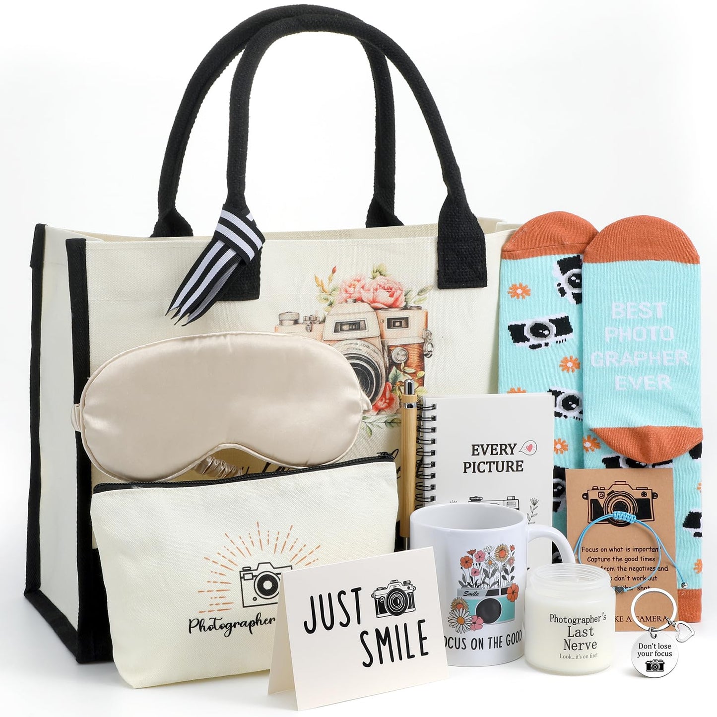 Leinuosen 12 Pcs Photography Gift Set for Women Trapezoid Grocery Canvas Tote Bag with Handle Makeup Bag Mug Scented Candle Novelty Socks for Photographer Appreciation Birthday Party Favors