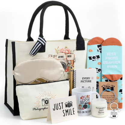 Leinuosen 12 Pcs Photography Gift Set for Women Trapezoid Grocery Canvas Tote Bag with Handle Makeup Bag Mug Scented Candle Novelty Socks for Photographer Appreciation Birthday Party Favors
