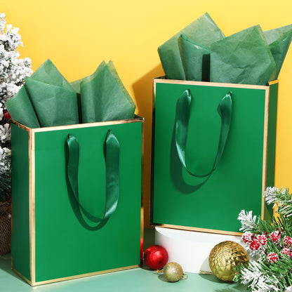 Yeaqee 10 Pack Metallic Paper Gift Bags with Handle Tissue Paper Thank You 5 Senses Gift Bag for Birthday Wedding Baby Shower Groomsmen Bridal Graduation Party Favor 9 x 7 x 3.15''(Green, Gold)