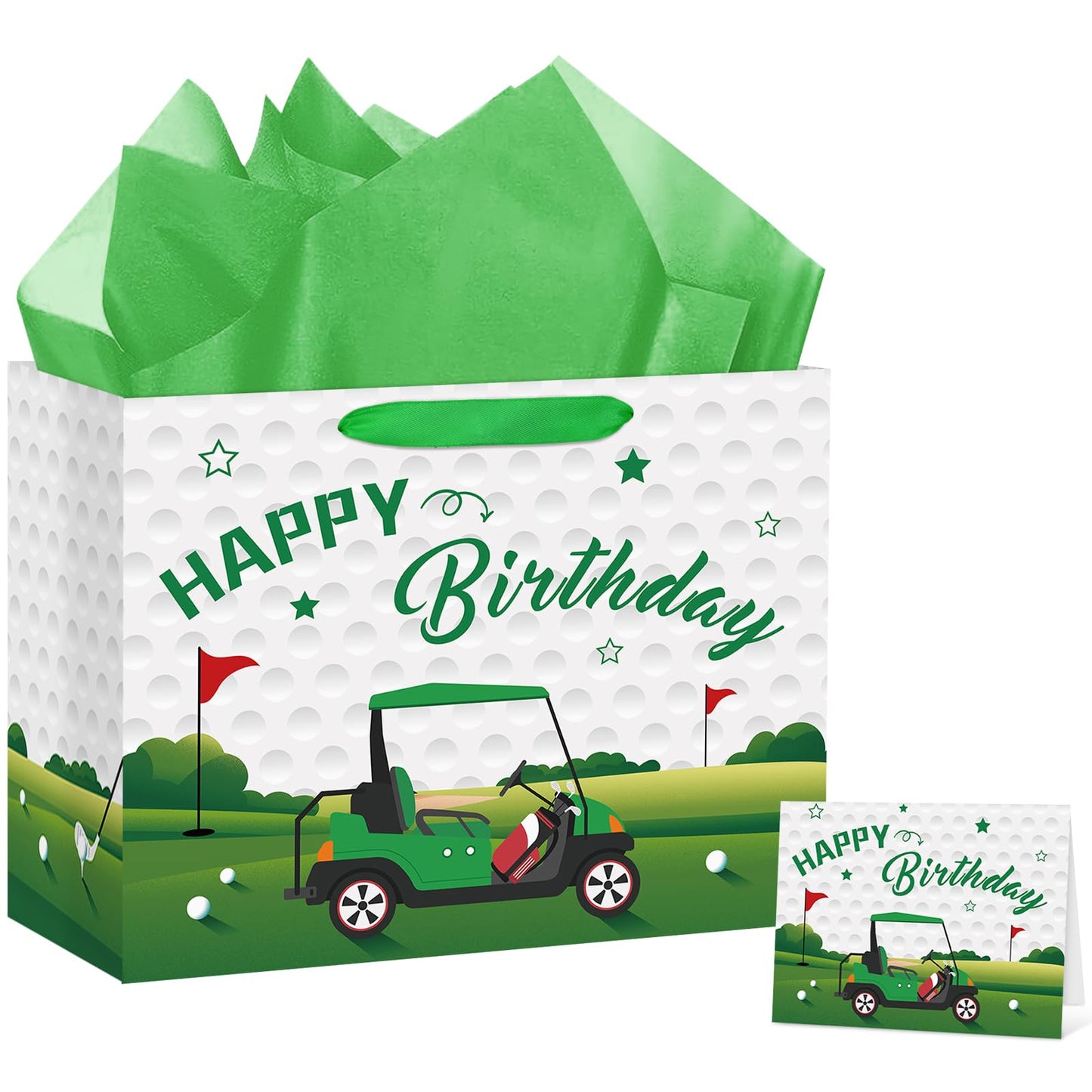 Hooqict Large Golf Gift Bag Golf Themed Birthday Party Gift Wrapping Bag with Handles, Tissue Paper, Greeting Cards for Kids Boys Men Goodie Candy Treat Party Favors