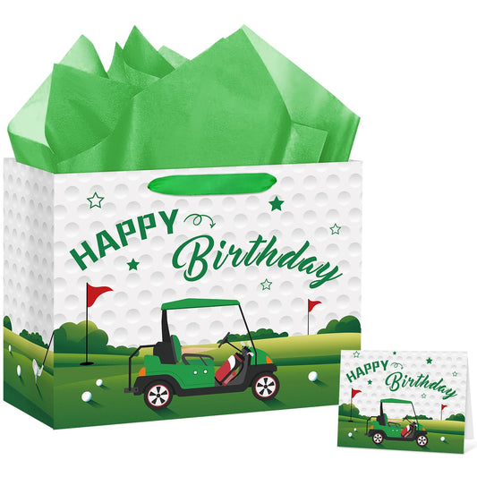 Hooqict Large Golf Gift Bag Golf Themed Birthday Party Gift Wrapping Bag with Handles, Tissue Paper, Greeting Cards for Kids Boys Men Goodie Candy Treat Party Favors