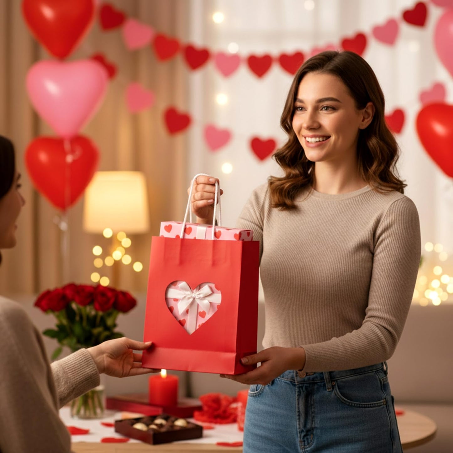 Gilprop 24 Pcs Red Pink Paper Gift Bags with Heart Clear Window & Handles, Treat Bags Bulk for Mother's Day, Galentines Party, Wedding Favor, Bridal Shower Packaging for Candy Cookies (Red Pink)