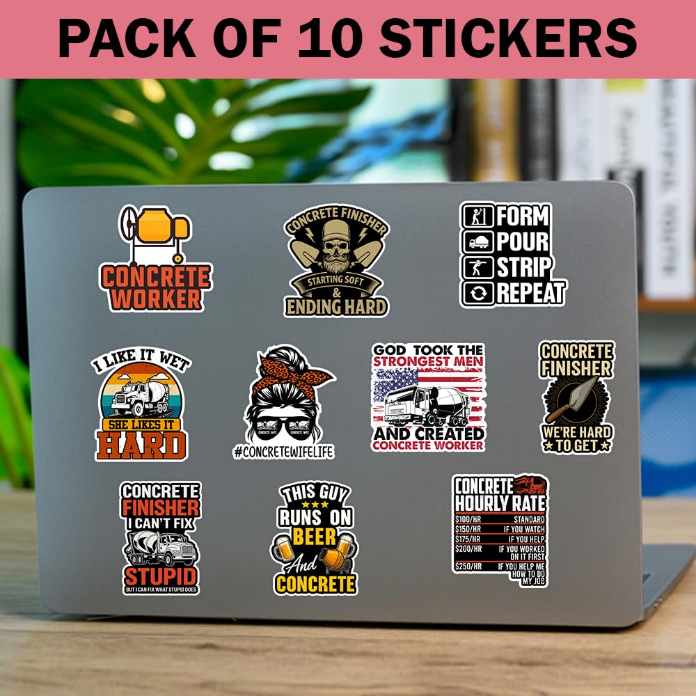 SODAVA Funny Concrete Worker Sticker – 10 pcs 3-Inch Vinyl Stickers for Construction Workers, Concrete Finishers, Cement Mixer Humor, Waterproof Decals for Hard Hat, Toolbox, Laptop, Gift for Men