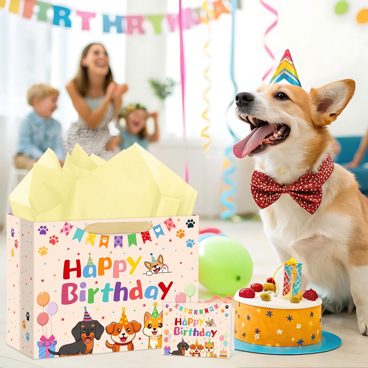 Hooqict Large Dog Gift Bag Dog Birthday Gift Bag with Handles, Tissue Paper, Greeting Card for Kids Boys Girls Pet Puppy Themed Birthday Party Decorations Supplies