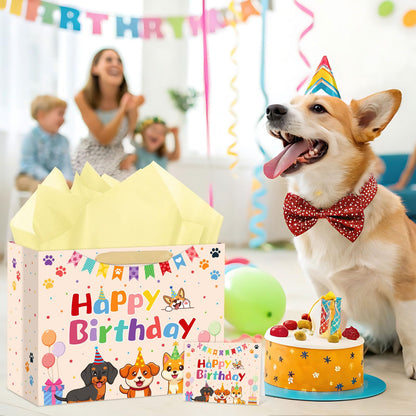 Hooqict Large Dog Gift Bag Dog Birthday Gift Bag with Handles, Tissue Paper, Greeting Card for Kids Boys Girls Pet Puppy Themed Birthday Party Decorations Supplies