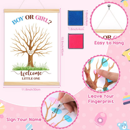 Haull Gender Reveal Fingerprint Tree Canvas Guest Books 11.8 x 15.8 in Gender Reveal Games for Guests, Baby Shower Decorations Gifts Ideas He or She Thumbprint Hanging Paintings Party Favors