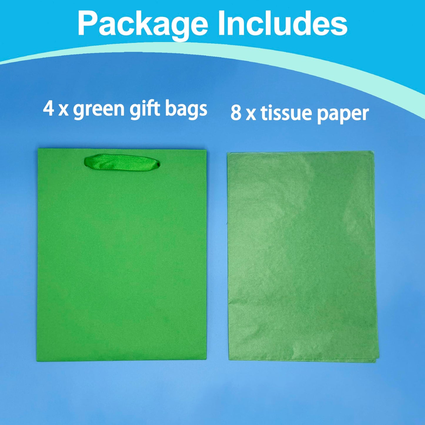 MOXARYSU 4 Pcs Medium Green Gift Bags: 8x5x10 Inches Gift bags With Handles Party Favor Bags With 8 Tissue Paper For Party,Birthday,Baby Shower,Wedding（Green）