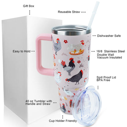 40 oz Tumbler with Handle and Straw Lid Leak Proof, Chicken and Rooster Design Coffee Travel Mug with Handle Insulated for Hot and Cold Drink Ice, Mother's Day Birthday Gifts for Women Mom