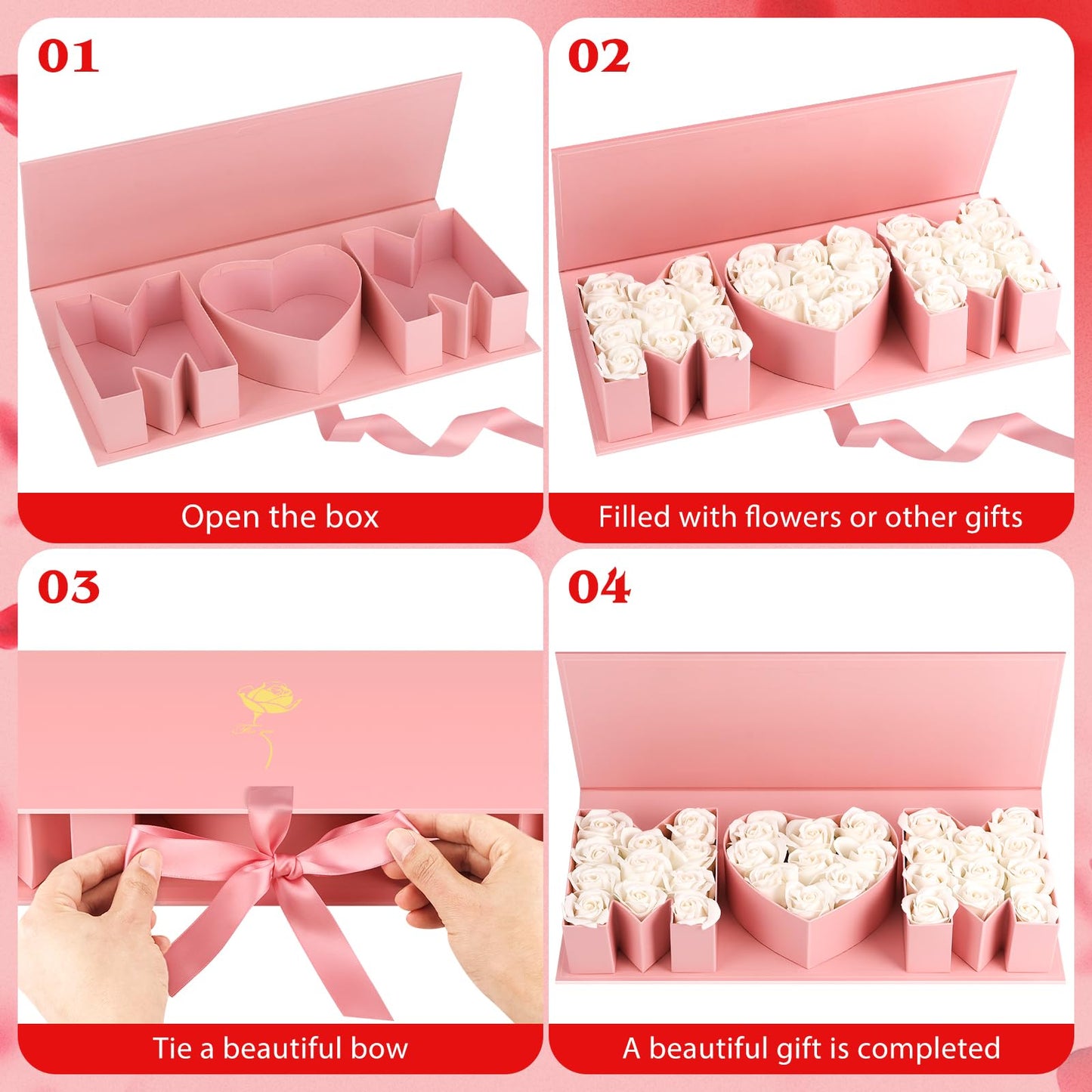PYQTH 4 Pack Empty Flower Gift Box for Mom, Mothers Day Mom Box for Flowers Thicker Letter Shaped Gift Boxes Fillable Chocolate Candy Packaging Boxes for Mother's Day Birthday (Pink)