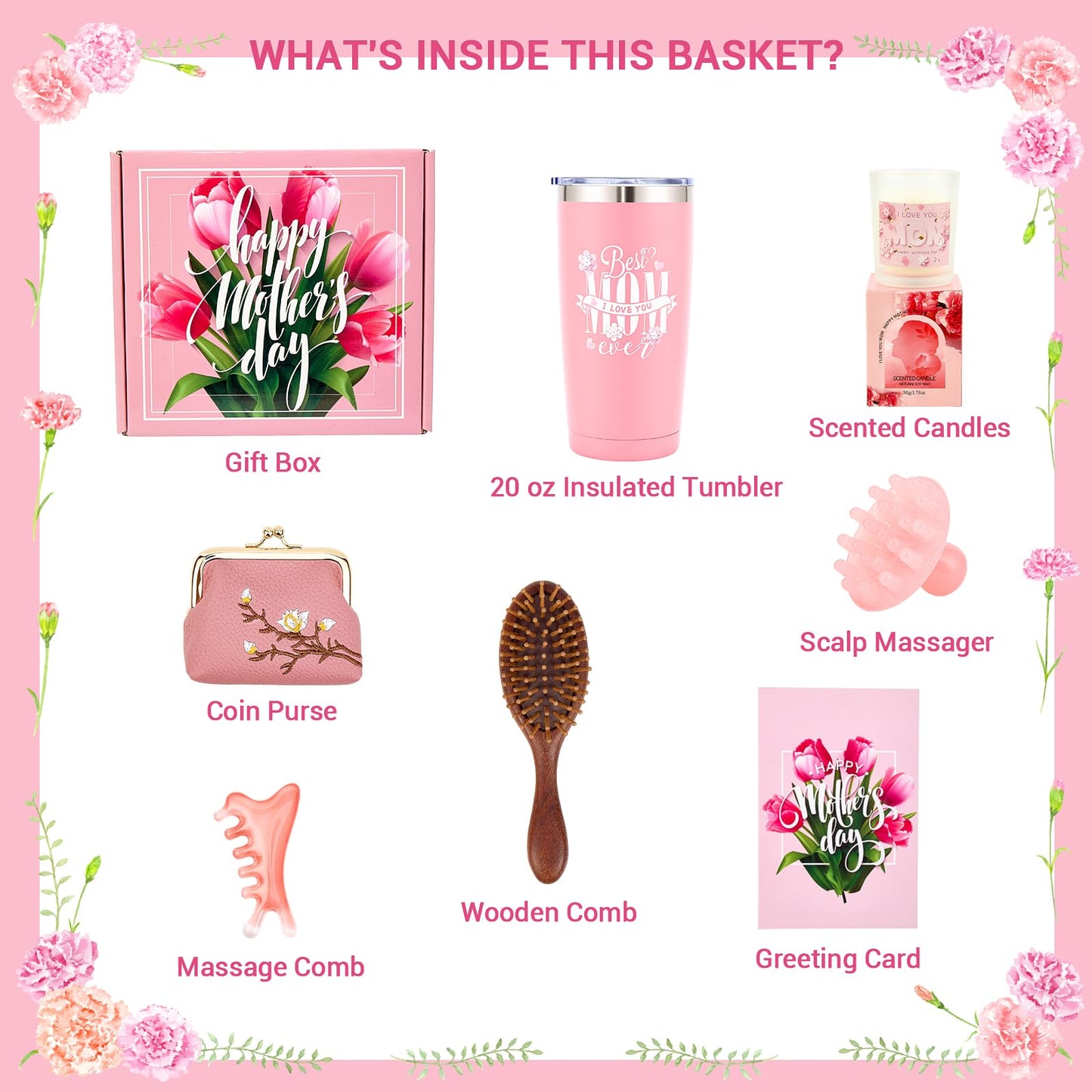 Gifts Box for Mom,Mothers Day Gift,Gift Basket for Mama Mother in Law,Birthday Presents from Daughter Son,Best Mom Ever Set Unique Thank You Gifts With Massage Comb,Tumbler,Coin Purse,Scented Candle
