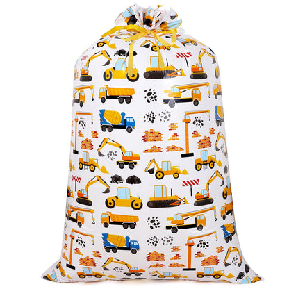 Extra Large Plastic Gift Bag, 56" H x 36" W Jumbo Gift bag Printed Children's Engineering Vehicles Excavator Gift Bag, Specially Set for Birthday Parties and Holidays