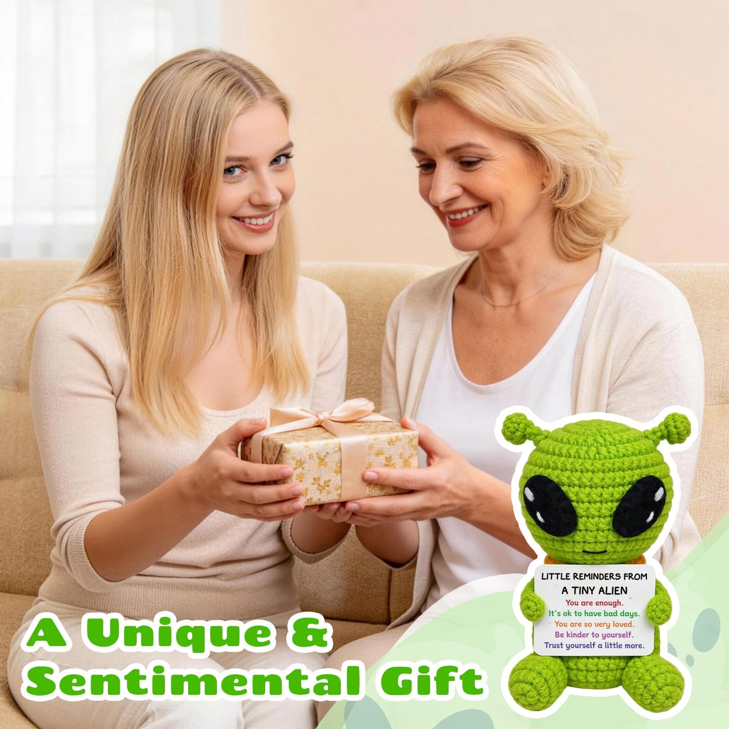 Funny Positive Crochet Alien, Birthday Gifts for Women Men, Cute Gag Handmade Emotional Support Alien Plush Decor, Unique Graduation Inspirational Gifts for Him Her Son Coworker Friend