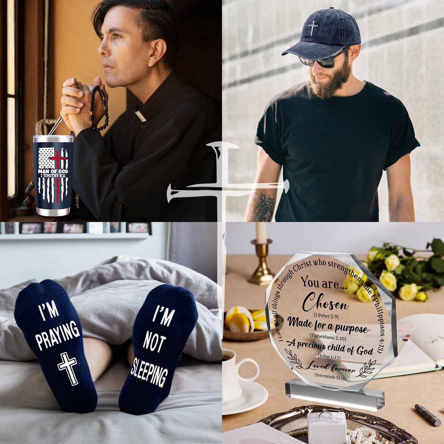10 Pcs Christian Gifts for Men Faith, Inspirational Religious Gifts, Catholic Gift with 20 Oz Tumbler Bible Verses Crystal Plaque Hat Socks Bracelet Keychain for Husband, Dad, Grandpa, Friends