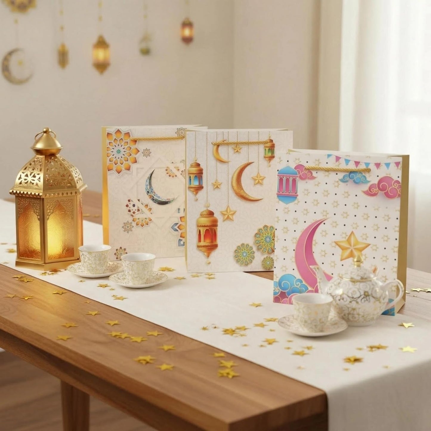 YVAINE 12pcs Ramadan Mubarak Gift Bags with Handles - Reusable Kraft Paper Treat Bags 8.3x5.9x3.1 Inches, 4 Assorted Islamic Designs with Stars, Moon, Mosque & Lanterns for Eid Mubarak Party Supplies, Gift
