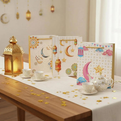 YVAINE 12pcs Ramadan Mubarak Gift Bags with Handles - Reusable Kraft Paper Treat Bags 8.3x5.9x3.1 Inches, 4 Assorted Islamic Designs with Stars, Moon, Mosque & Lanterns for Eid Mubarak Party Supplies, Gift