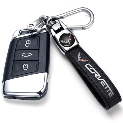 Genuine Leather Car Keychain Keyring Accessories Compatible with Corvette Series Car Keychains Family Present for Man and Woman（Black）