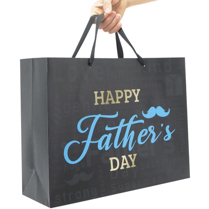Qirrmiy 16.5'' Extra Large Father's Day Bag Gift Bag Set with Handles, Greeting Card, Black Tissue Papers and Stickers for Men for Best Dad Ever, Dad Day, Father's Day Design, 1 Pcs