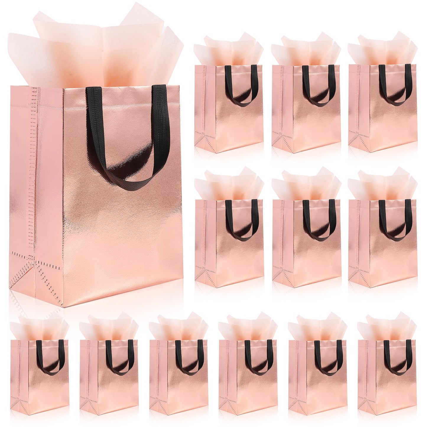 Addblu 12 Pack Reusable Gift Bags with Handles & 24 Tissue Papers, 10x4x8 Inch Iridescent Gift Bags with Cardboard Bases for Shopping, Parties, Birthdays, Weddings, Holiday (Rose Gold Gift Bag)