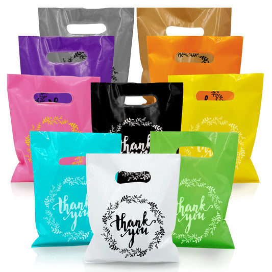 100 PCS 10 Colors Plastic Handle Bag Gift Bags Party Favor Candy Cookie Bag for Birthday Party Baby Shower Wedding Gift Shop Retail Bags (7.87" x 6.3")