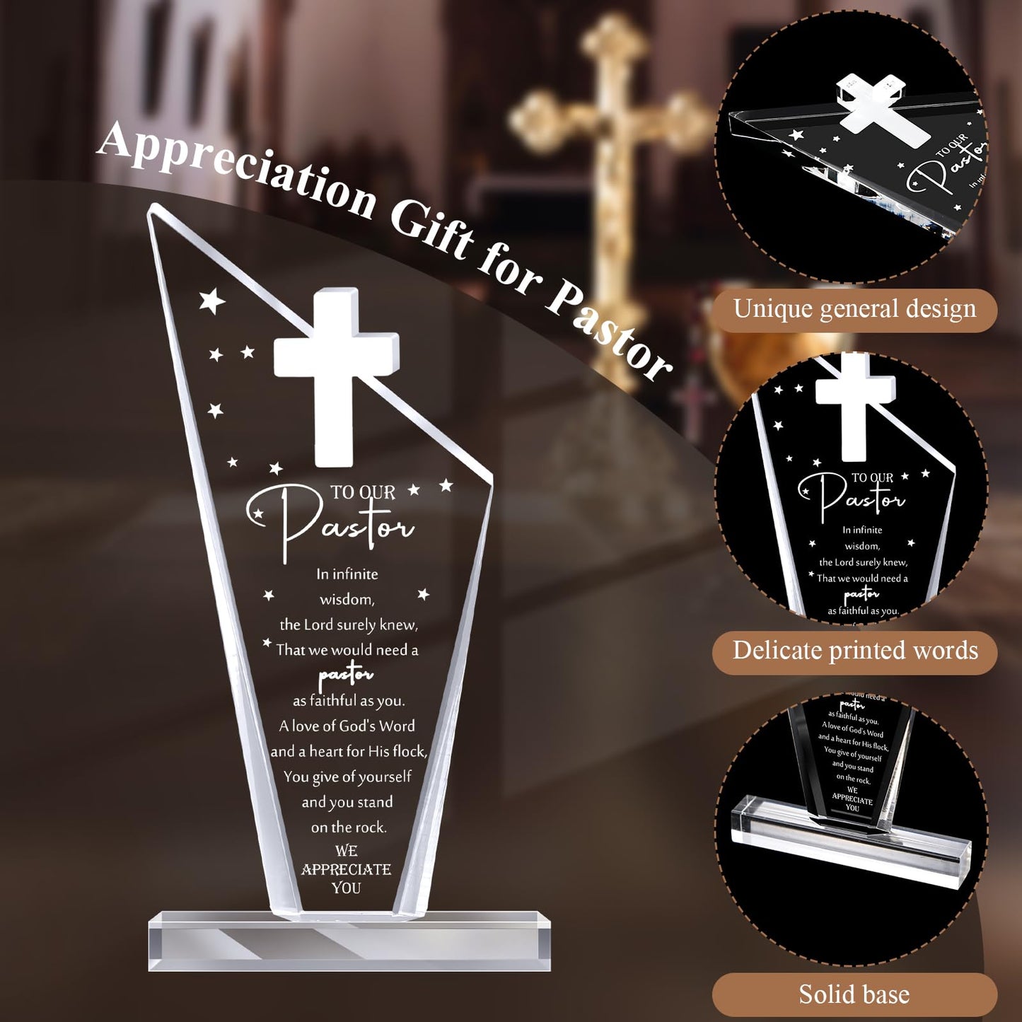 Kosiz 1 Pcs Pastor Christian Gift Appreciation Decorations Acrylic Cross Plaques for Men Women Church Father's Day Retirement Keepsake Religious Thank You Decor Gratitude Saying Sign (Classic Pastor)