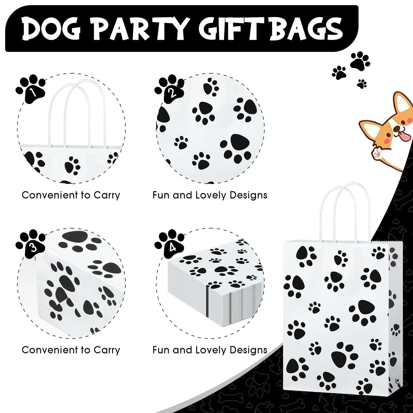 Blulu 50 Pcs Dog Gift Bags 6.3 x 3.1 x 8.6 Inch Paw Dog Treat Goodie Bag with Paper Twist Handles for Puppy Pet Party Favors Paw Print Party Supplies(Black)