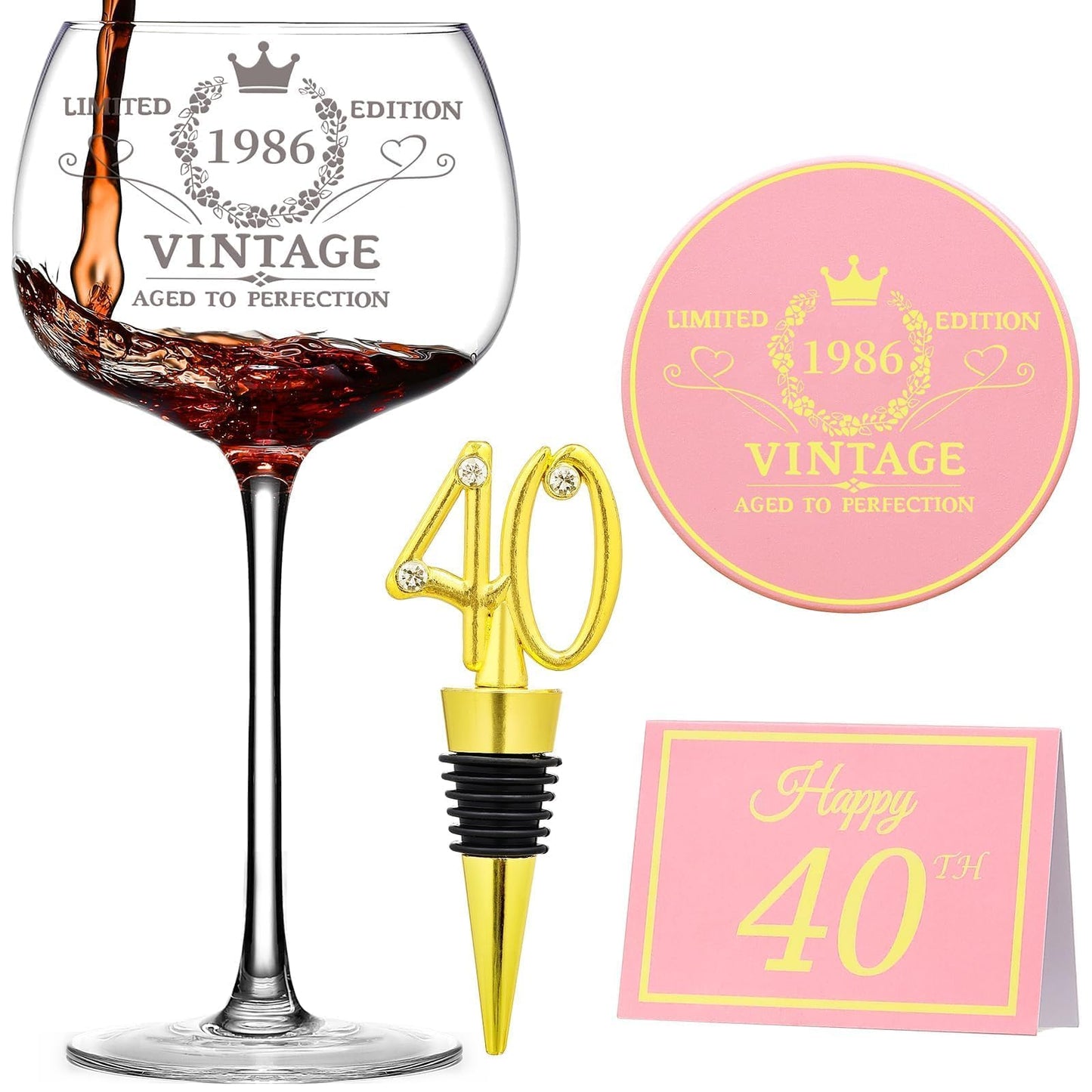 40th Birthday Gifts for Her - Limited Edition Wine Glass Gift Box Set - Unique 40th Bday Gifts Ideas for Women, Friends, Sister, Mom, Wife, Daughter - 40 Years Old Gift, Party Decorations Supplies